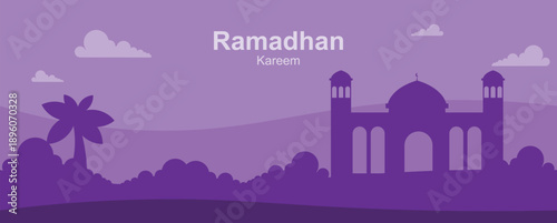 Minimalist Ramadan illustration featuring Islamic elements, mosque silhouettes. Suitable for banners, social media, posters, and festive backgrounds.