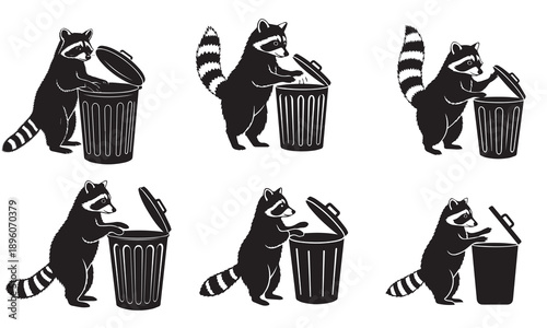 Six black silhouette raccoons interacting with trash cans on a white background.