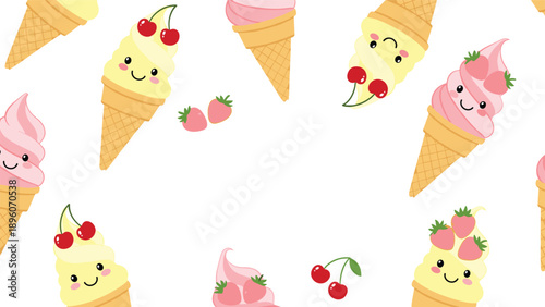 Sweet ice cream cone seamless pattern with smiling faces and fruit toppings like strawberries and cherries on white background.