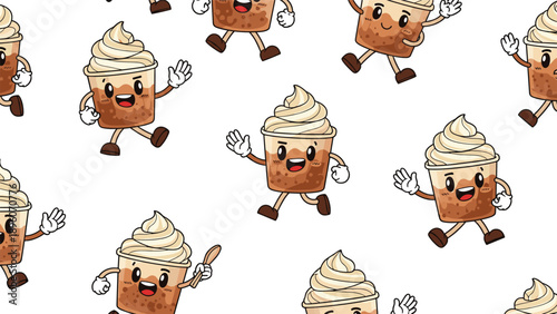 Fun pattern of cute walking coffee cup characters with happy expressions and whipped cream topping on white background.