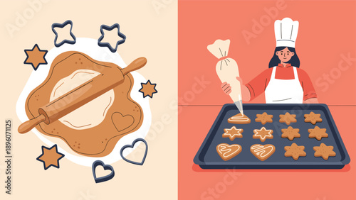 Collage of baking illustrations showing rolling dough with star cutters and a female chef decorating cookies on a tray.
