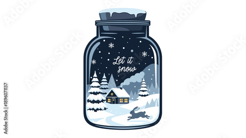 Enchanting winter scene inside a glass jar with a cozy house snowy trees and a running rabbit under falling snow.