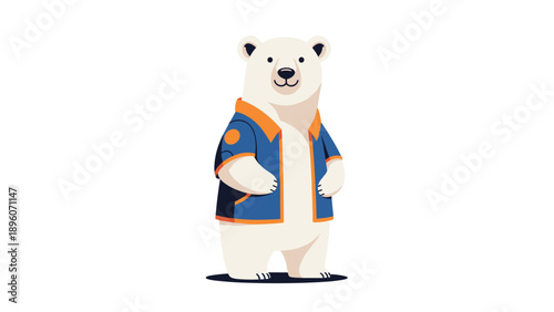 Adorable white polar bear character wearing a stylish blue jacket with bright orange accents on a white background.
