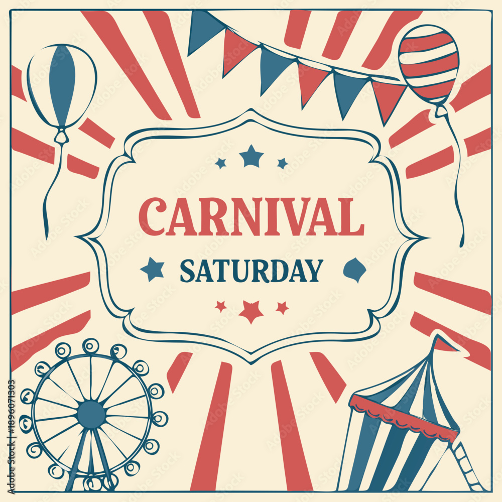 Obraz premium Vintage carnival poster with ferris wheel balloons and tents on light background
