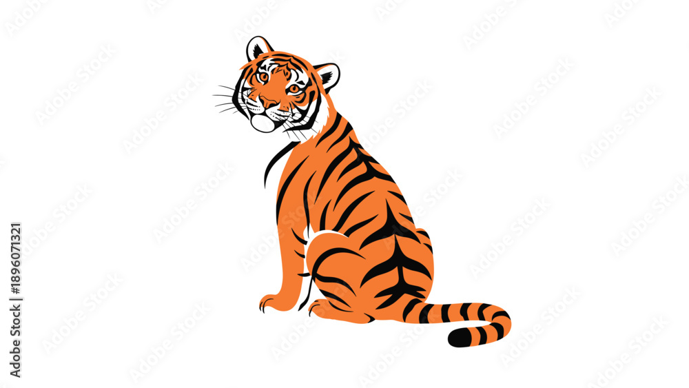 Fototapeta premium Majestic tiger sitting and looking back with a calm expression showing its beautiful orange and black striped fur coat.