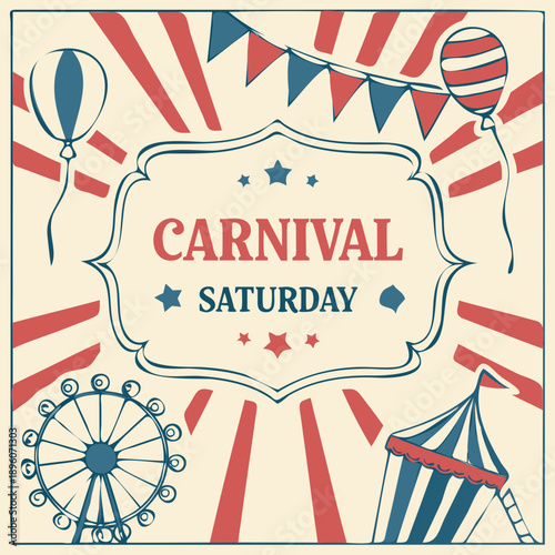 Vintage carnival poster with ferris wheel balloons and tents on light background