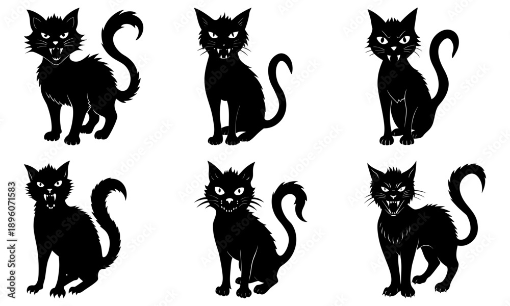 Fototapeta premium Collection of black cat silhouettes in various poses and angles showcasing feline elegance and mystique