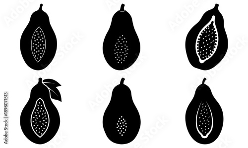 A set of six black silhouettes of pears with white seeds on a plain white background