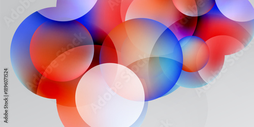 Abstract composition featuring overlapping colorful circles. Red, blue, white hues blend creating dynamic visual effect. Minimalist design.