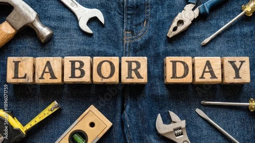 Labor Day holiday concept with wooden letter blocks and construction tools on blue denim jeans background top view