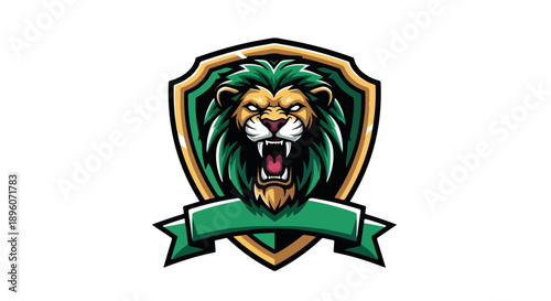 Illustration of a lion's head with a green mane and open mouth on a shield with a green banner on a white background.