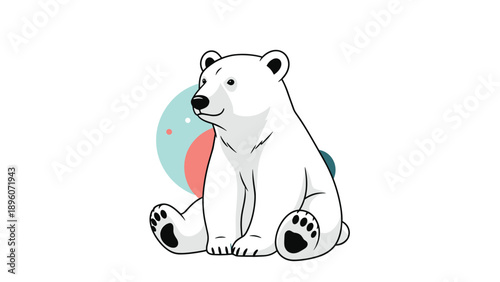 Cute polar bear character sitting peacefully with a soft expression against a stylized circular background design.