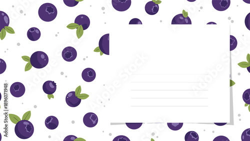 Elegant blueberry pattern with green leaves surrounding a blank white frame for custom text or greeting cards.