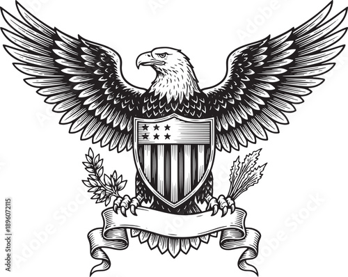 Bald Eagle with Shield and Banner Engraving