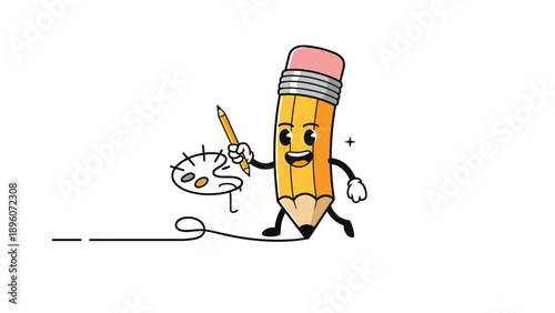 Talented cartoon pencil character holds a smaller pencil like a brush and an artist palette while drawing a line on a white background.