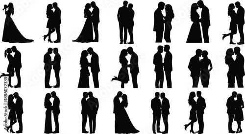Silhouettes of couples embracing and kissing in formal attire on a white background