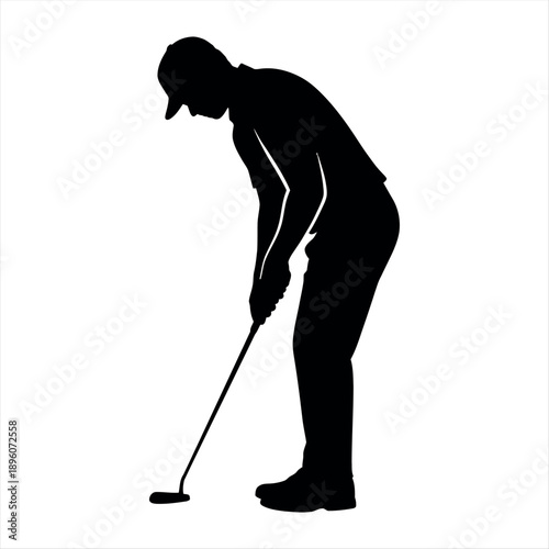 A silhouette of a golfer preparing to make a putt on a golf course. Vector