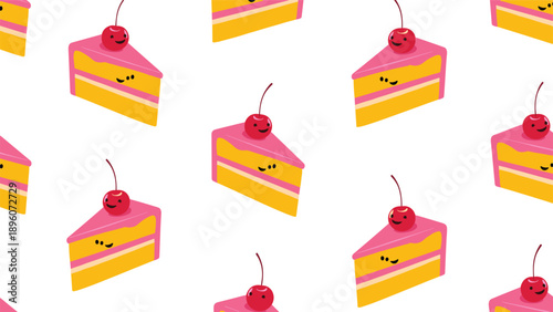 Sweet slices of yellow cake with pink frosting and a red cherry on top form a delicious and colorful seamless pattern on white.
