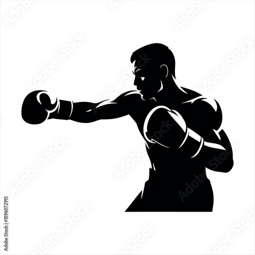 A boxer in a fighting stance with gloves raised and focused expression Vector
