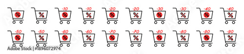 Trolley discount icon set. Shopping cart and sale icons. Black and red colors. Shopping, e-commerce, retail concept. 10, 20, 30, 40, 50, 60, 70, 80, 90 percent. Vector illustration. Editable stroke.