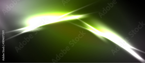 Abstract energy flow. Bright lines intersect dark background. Vivid green, white hues create dynamic visual effect. Modern design element.