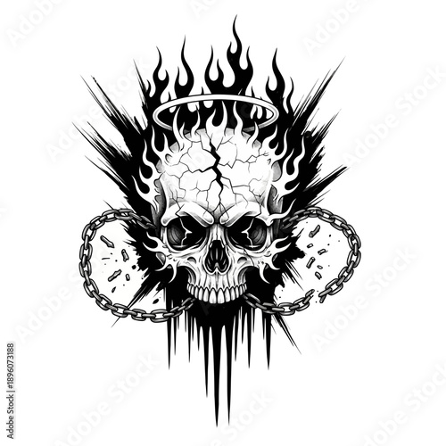 Black and White Skull with Flames and Halo.