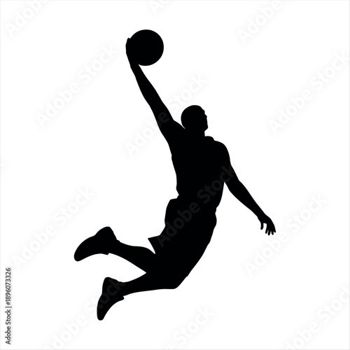 Dynamic silhouette of a basketball player in mid-air with a ball Vector