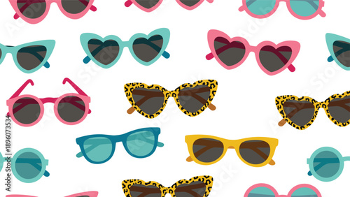 Stylish seamless pattern of heart-shaped and colorful cat-eye sunglasses provides a fun and feminine accessory theme for summer designs.