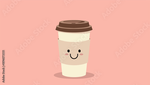 Cheerful takeout coffee cup character with a happy face and pink cheeks stands centered on a solid coral pink background for a bright look.