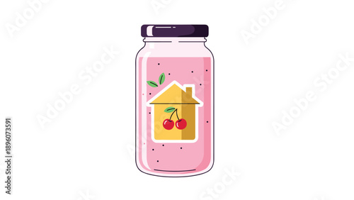 Charming pink smoothie or fruit jam jar features a decorative house sticker with a cherry on it, suggesting a homemade and natural product.