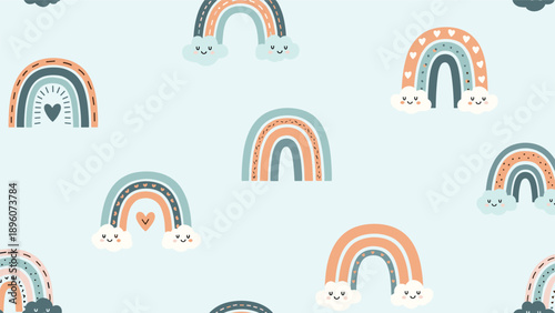 Dreamy seamless pattern features soft pastel rainbows and clouds with sweet sleeping faces on a light blue background for a nursery theme.