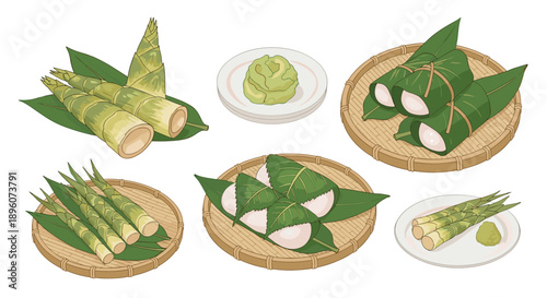Assorted collection of traditional japanese bamboo shoot dishes and treats served on beautifully woven bamboo trays in flat style.