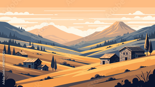 Idyllic mountain landscape with rustic houses at sunset in flat style