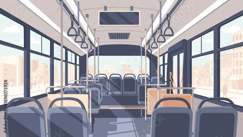 Empty bus interior view with modern design and soft color palette