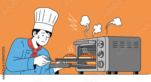 Worried chef in uniform taking burnt pies out of a smoking oven with a stressed expression on orange background in flat style.