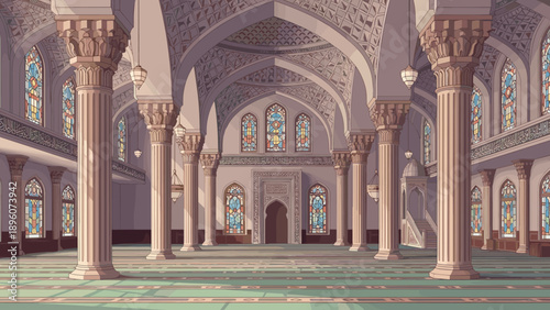 Majestic interior of grand mosque with ornate arches and stained glass windows