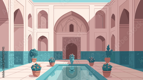 Elegant middle eastern courtyard with decorative arches and reflective pool in flat design