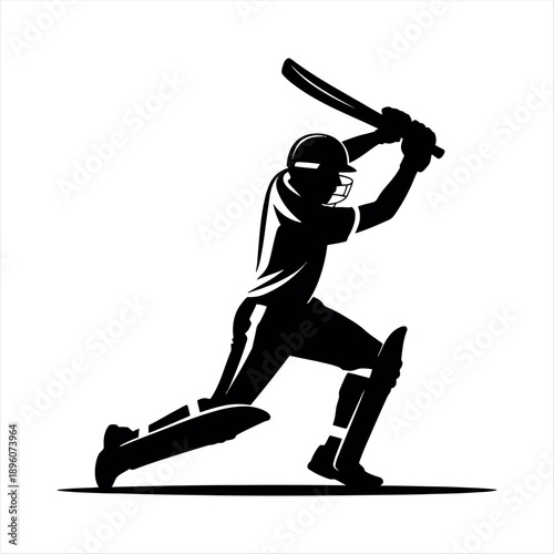 A dynamic silhouette of a cricket player in action, ready to swing the bat. Vector