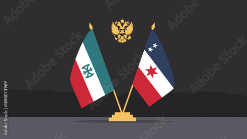 Dual flags symbolizing friendship with golden emblem on dark background