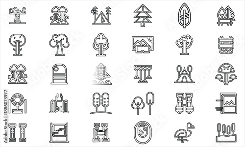 Hiking and camping line icon set. Outdoor adventure and nature exploration outline icons. Mountain, forest, tent, campfire, map vector symbols for travel and tourism.