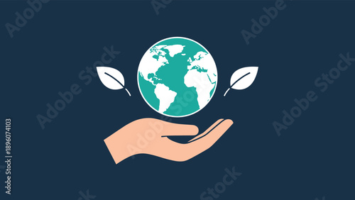 Human hand holding a green and white earth globe against a dark blue background with decorative white leaf silhouettes.