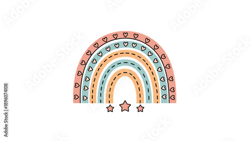 Boho style rainbow illustration in muted pastel colors featuring heart patterns and small stars for a nursery room design.