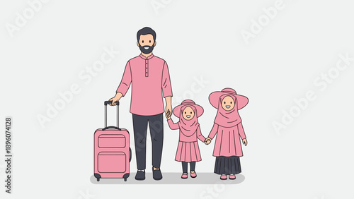 Family travel adventure with father and daughters in hijabs and luggage