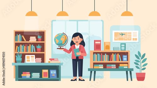 Teacher in classroom with bookshelves and globe in cozy flat style education scene