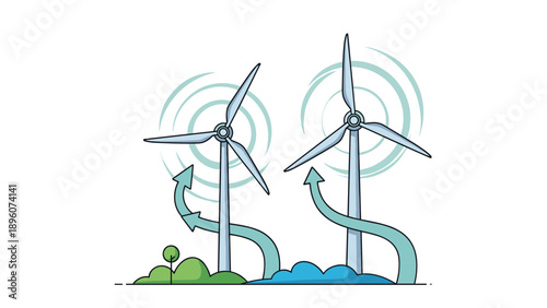 Two wind turbines generating clean energy with blue sky and decorative clouds in a simple vector illustration.