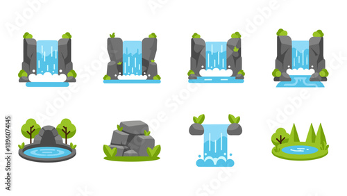 Set of cartoon waterfalls and ponds with rocks and greenery