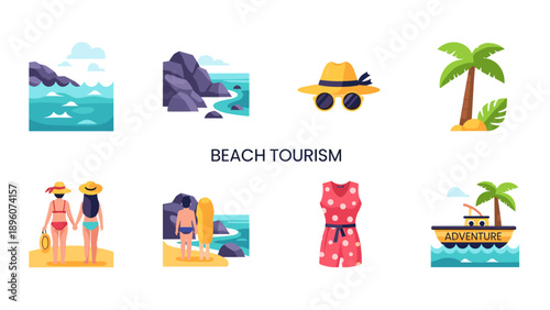Beach vacation icons: waves, sun hat, palm tree, adventure boat, summer style