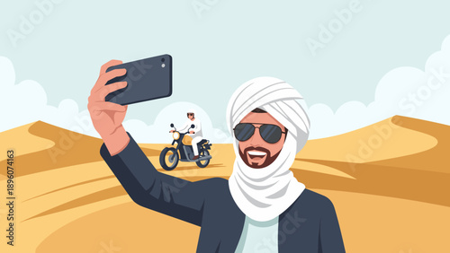 Man taking selfie in desert with motorcycle rider in background
