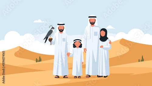 Family in traditional middle eastern dress with falcon in desert landscape