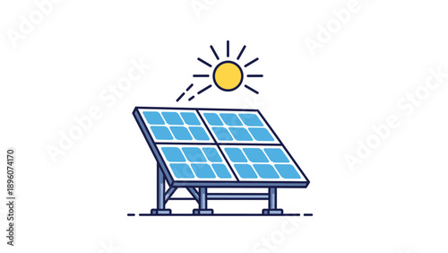 Sustainable green energy illustration showing blue solar panels capturing sunlight from a bright yellow sun icon.